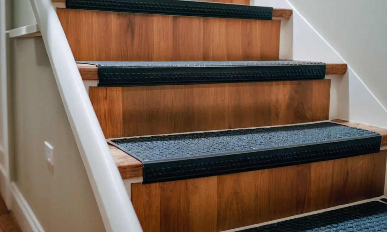 A close-up photo capturing the seamless bond between rubber stair treads and a staircase, showcasing the effectiveness of the best adhesive in securing the treads in place.
