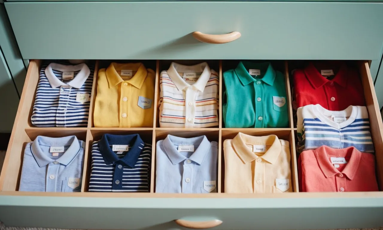 A captivating photo showcasing a neatly arranged drawer with labeled dividers, each holding adorable baby clothes of different sizes and colors, perfectly organized for easy access and a clutter-free nursery.