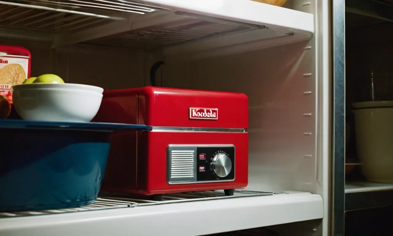 A dimly lit kitchen with a partially open freezer door. A red, flashing power failure alarm sits on top of the freezer, indicating a potential threat to the stored perishables.