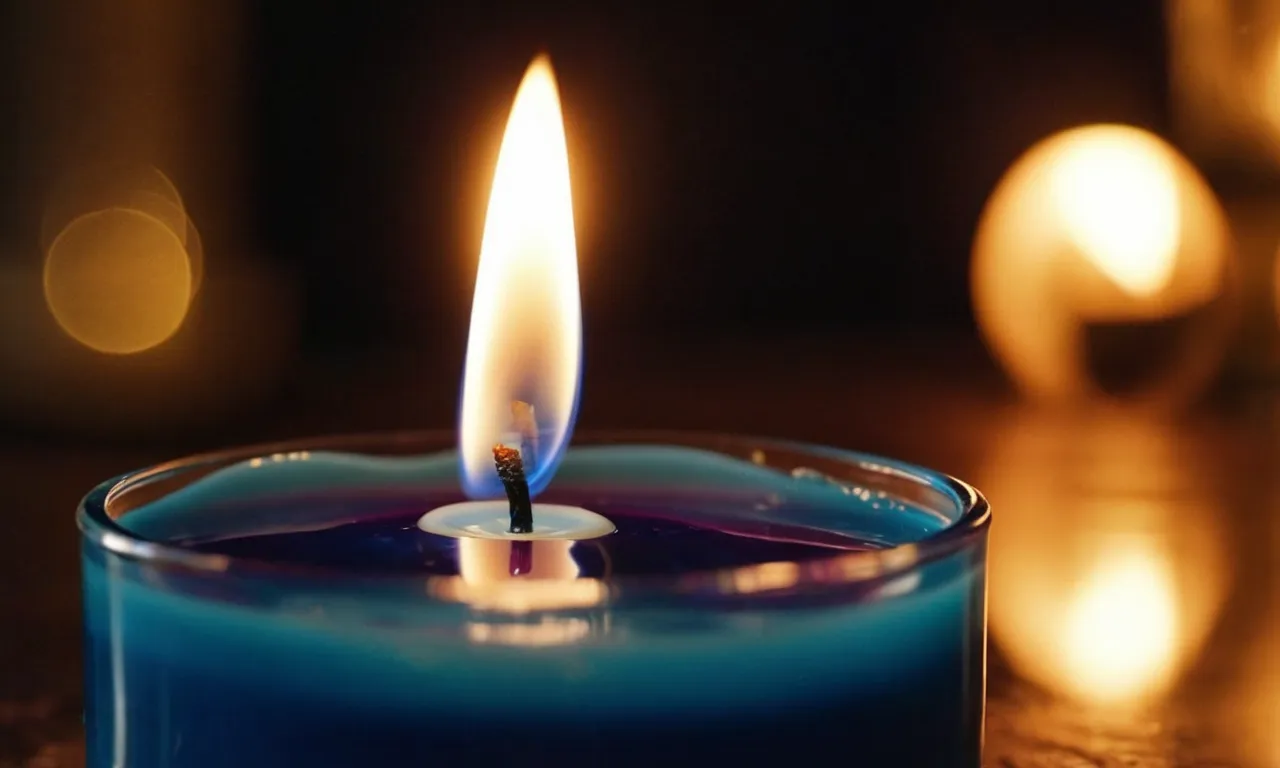 A close-up shot capturing a flickering candle with melted wax, delicately infused with essential oils, creating a captivating ambiance of tranquility and aromatherapy.