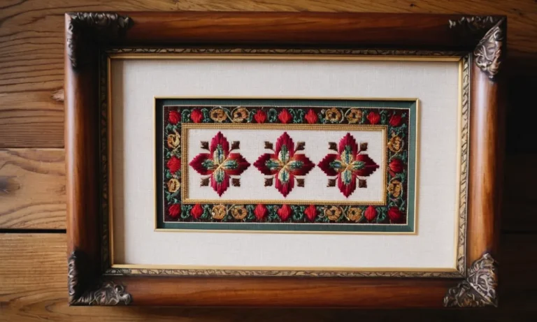 A close-up photo showcasing a beautifully embroidered cross stitch piece, elegantly framed in a scroll frame with intricate details and a rich wooden finish.