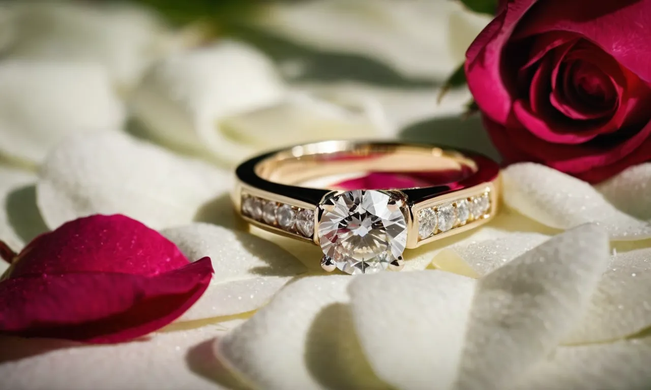 A close-up shot of a sparkling diamond engagement ring resting on a bed of rose petals, symbolizing the beginning of a lifelong journey together for the newly engaged couple.