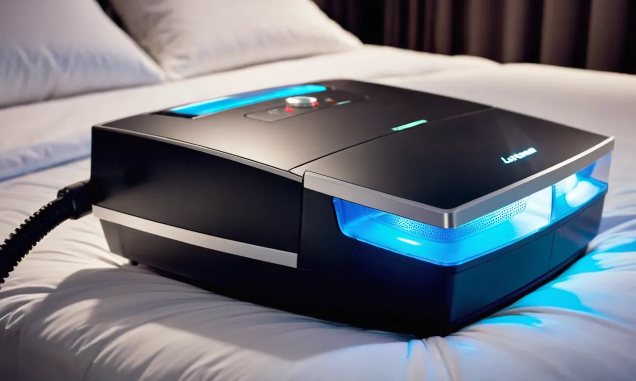 A close-up shot of a sleek, modern bed vacuum cleaner with UV light in action, eliminating allergens and bacteria from the mattress, creating a clean and healthy sleeping environment.
