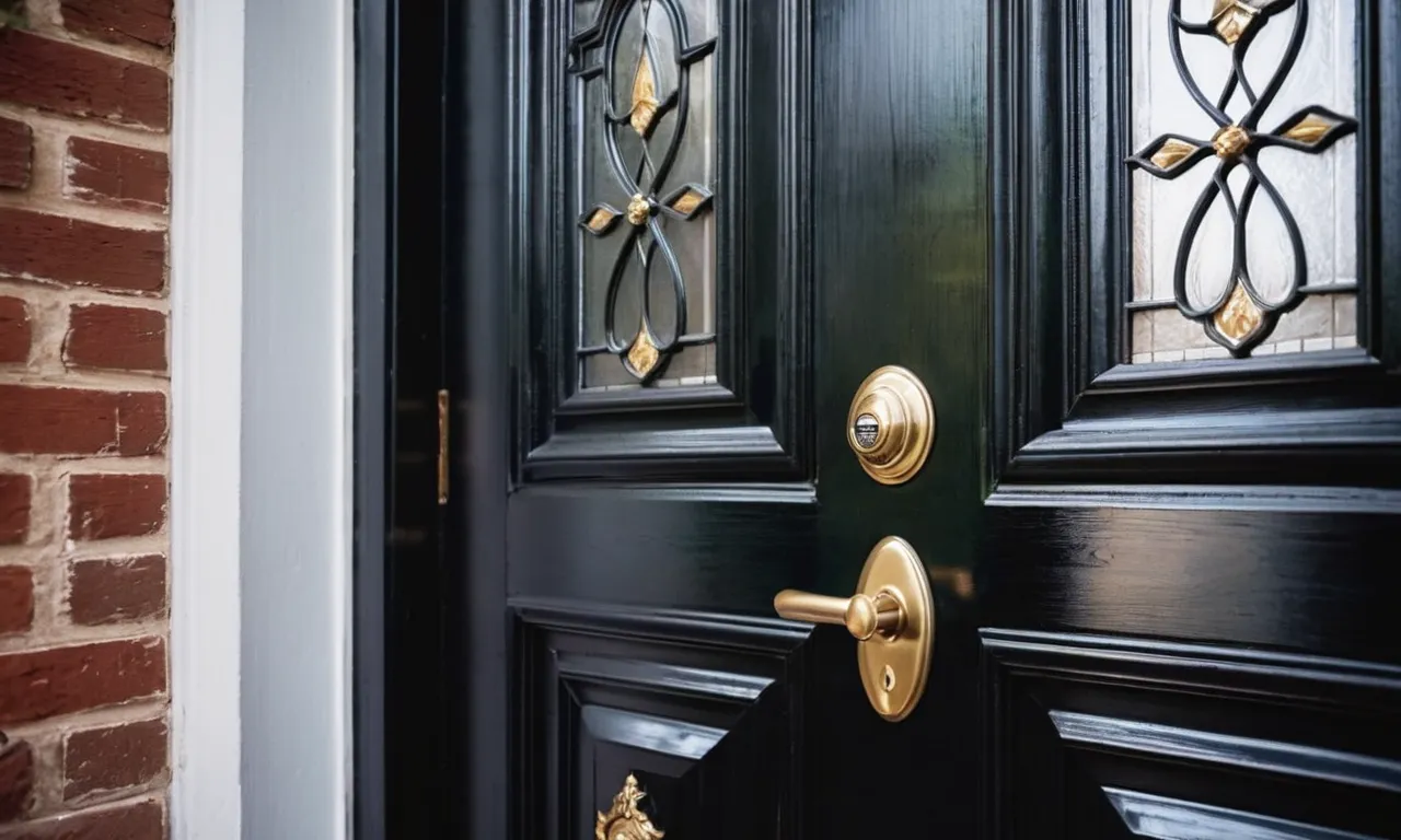 A close-up photo of a beautifully painted black front door, showcasing its glossy finish and highlighting its elegant design, adding a sophisticated touch to the exterior of a house.