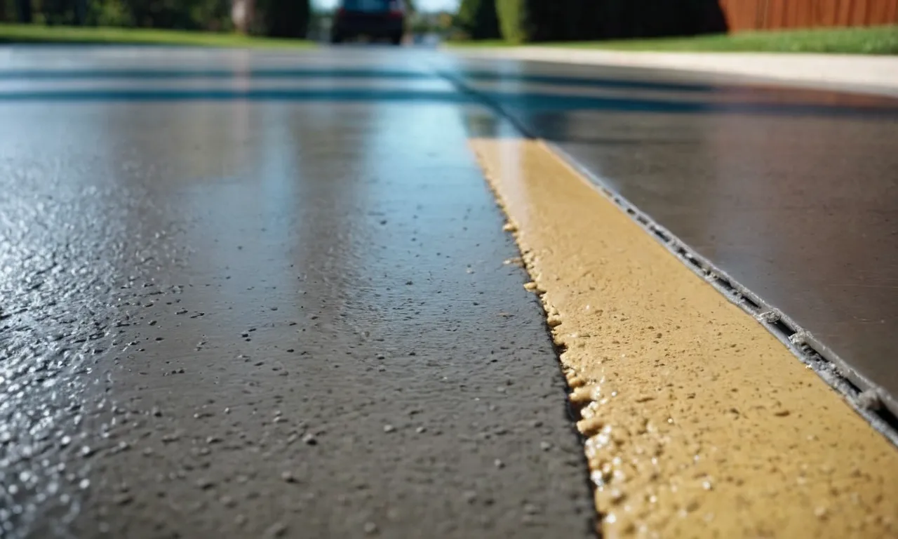 A close-up shot of a newly sealed concrete driveway, showcasing its smooth surface, enhanced color, and a protective layer that repels water and prevents damage, highlighting the effectiveness of the best concrete driveway sealer.