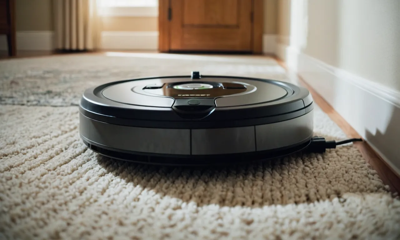 A close-up shot of a iRobot Roomba vacuum cleaner in action, effortlessly sucking up pet hair from a carpet, showcasing its effectiveness in maintaining a pet-friendly environment.