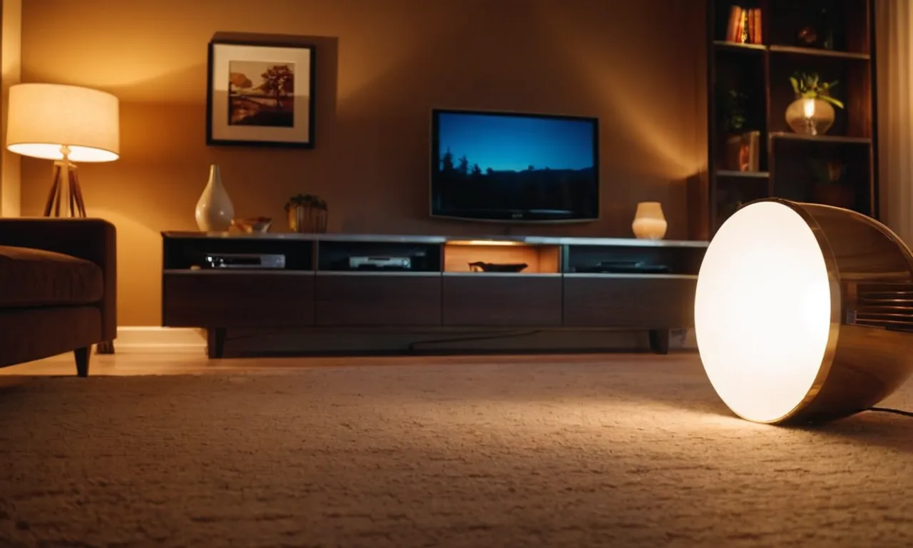 A close-up shot capturing the warm glow of a dimmable LED recessed light bulb illuminating a modern living room, creating a cozy and inviting ambiance.