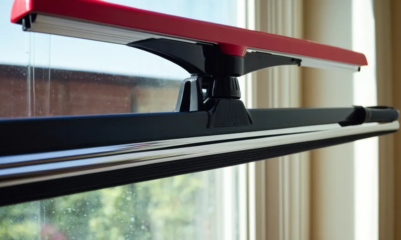 A close-up shot capturing the sleek design of a top-of-the-line window squeegee with an extendable pole, ready to effortlessly clean even hard-to-reach windows.