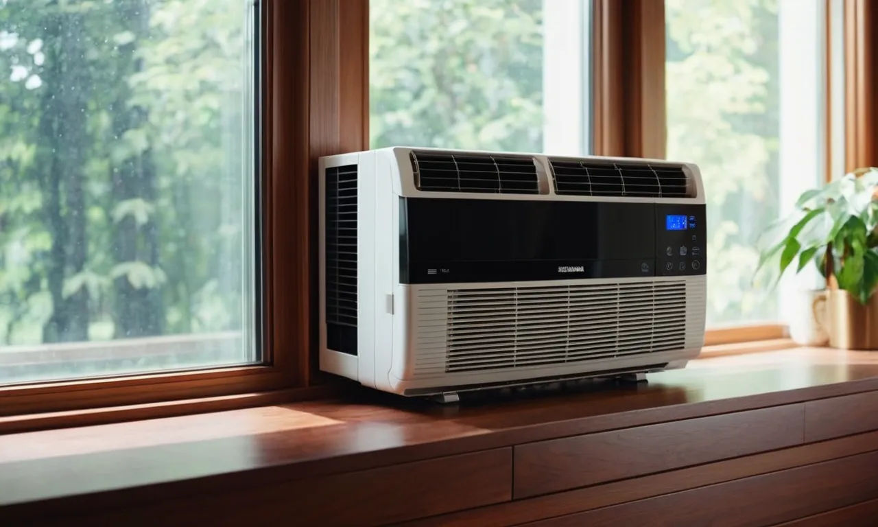 A close-up shot capturing a sleek, compact air conditioner unit perfectly fitted into a horizontal sliding window, providing efficient cooling and seamlessly blending into the surrounding decor.