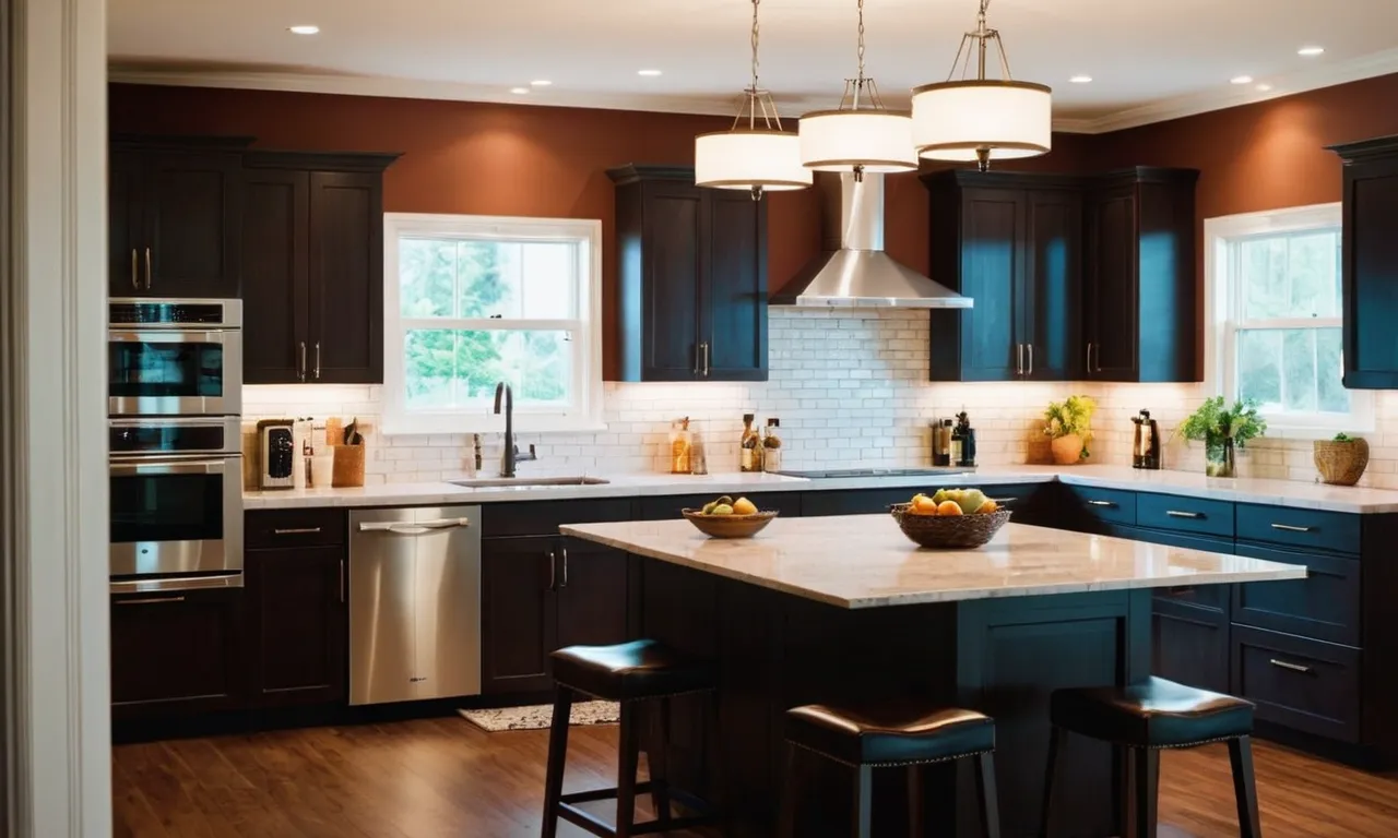 A captivating photo showcasing a well-lit kitchen, highlighting the elegant flush mount lights that exude a warm and inviting ambiance, enhancing the overall aesthetic appeal of the space.
