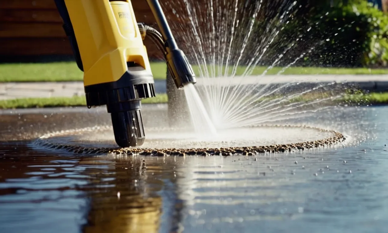 A close-up shot of a pressure washer's rotating nozzle, capturing the water spray in action, displaying its efficiency and precision in cleaning stubborn dirt and grime effortlessly.