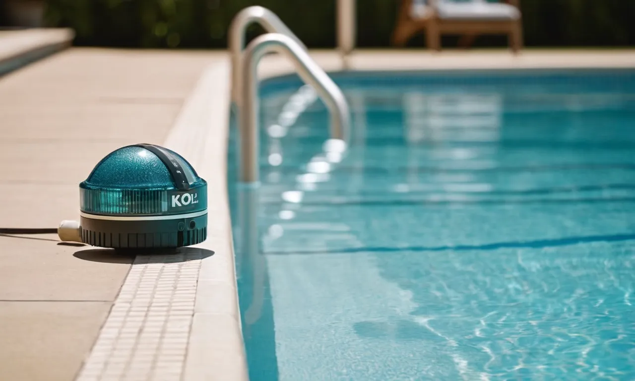 A close-up shot of a pool alarm sensor installed near the edge of a sparkling inground pool, ensuring safety and peace of mind for swimmers.