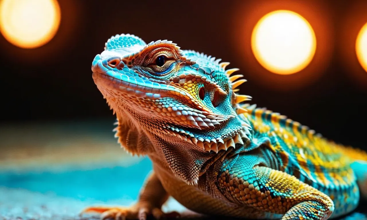 A close-up shot capturing the warm glow of a bearded dragon basking under the best UV light, showcasing the reptile's vibrant scales and contented expression.