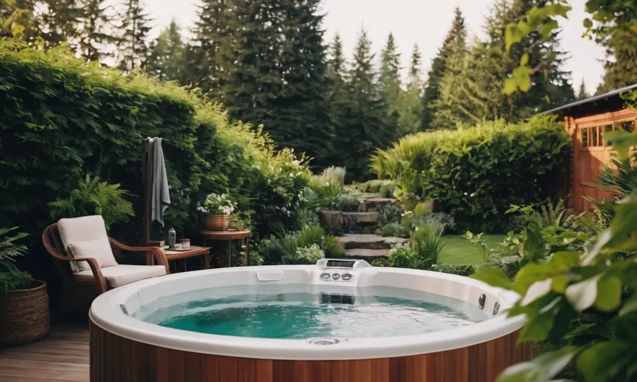 The photo captures a luxurious outdoor hot tub surrounded by lush greenery, with a powerful immersion heater installed, ensuring a perfect temperature for a relaxing soak.