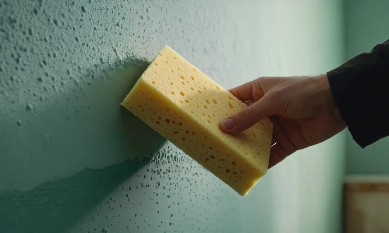 A close-up shot capturing a hand holding a damp sponge with a textured surface, gliding effortlessly over a drywall surface, creating a smooth finish for flawless paint application.