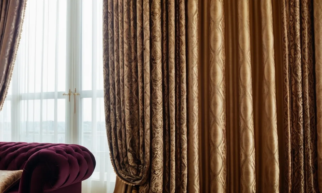 A close-up shot of a luxurious living room curtain made from high-quality fabric, beautifully draped and cascading down, adding elegance and warmth to the space.