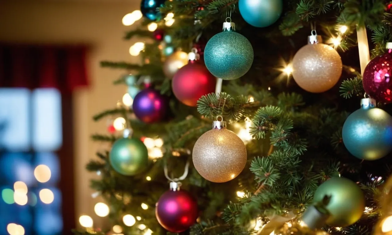 A close-up shot capturing a beautifully decorated Christmas tree adorned with an assortment of shimmering, multi-colored ornaments, radiating a warm glow under a cascade of twinkling fairy lights.