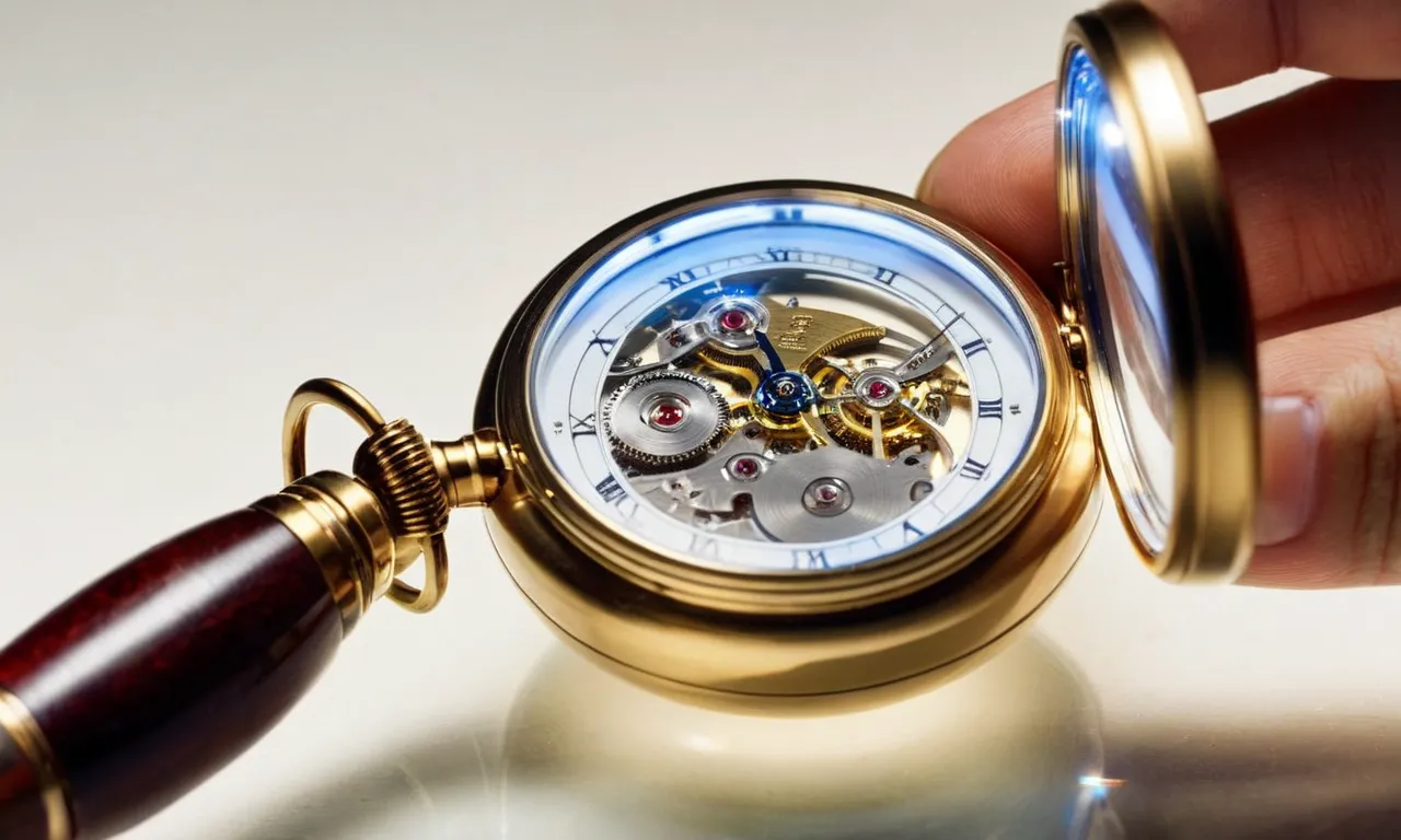 A close-up photo of a sleek, hands-free magnifying glass with a built-in bright LED light, illuminating intricate details of a delicate antique pocket watch.