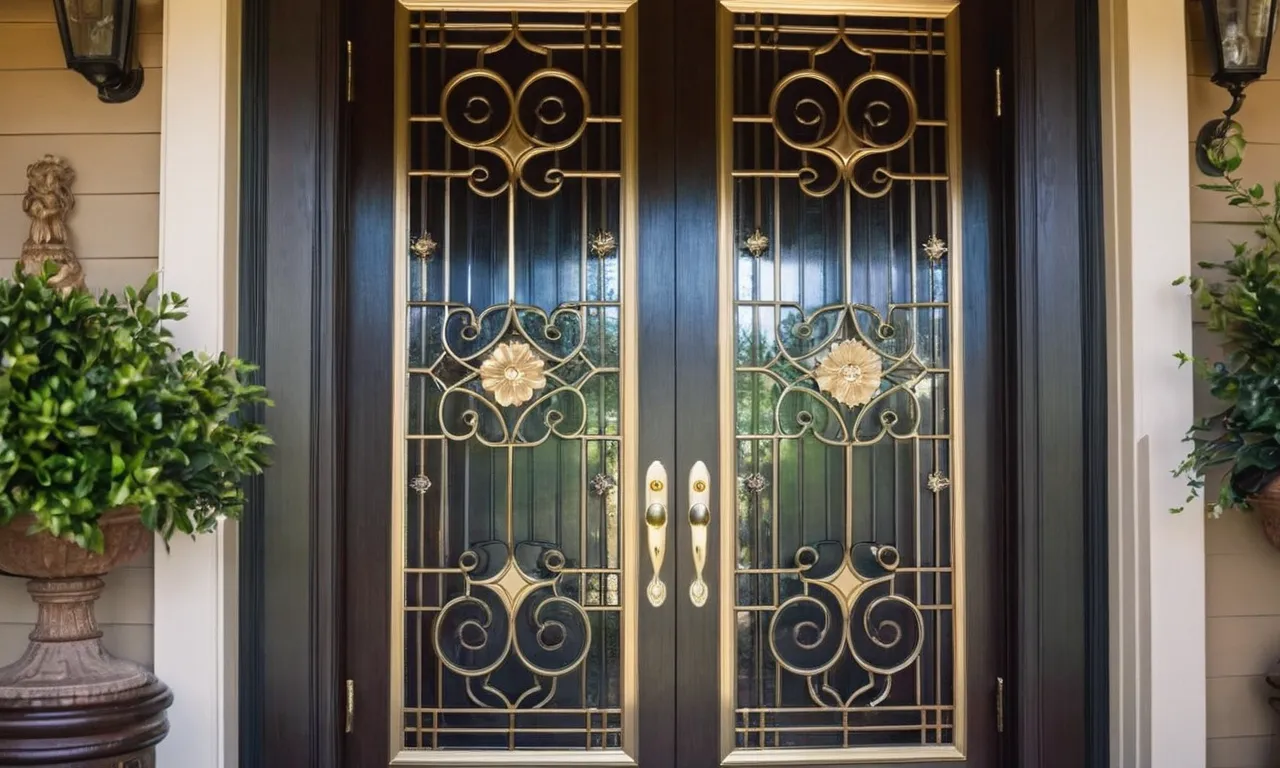A close-up photograph showcasing a beautifully designed front door with an elegant screen door, highlighting its durability, security, and aesthetic appeal.