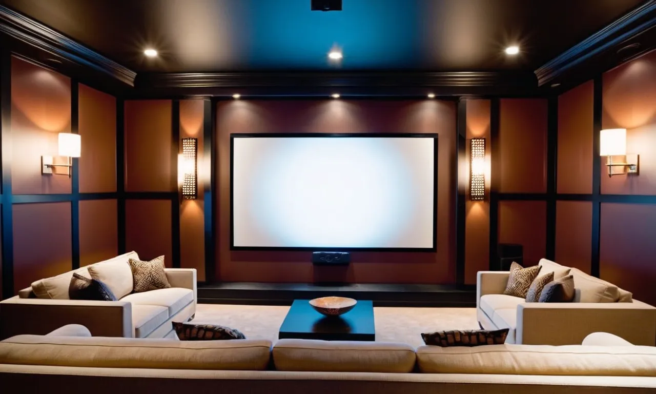 A captivating photo showcasing a sleek and modern home theater, with strategically placed wall sconces casting a warm and inviting glow, enhancing the cinematic ambiance of the space.