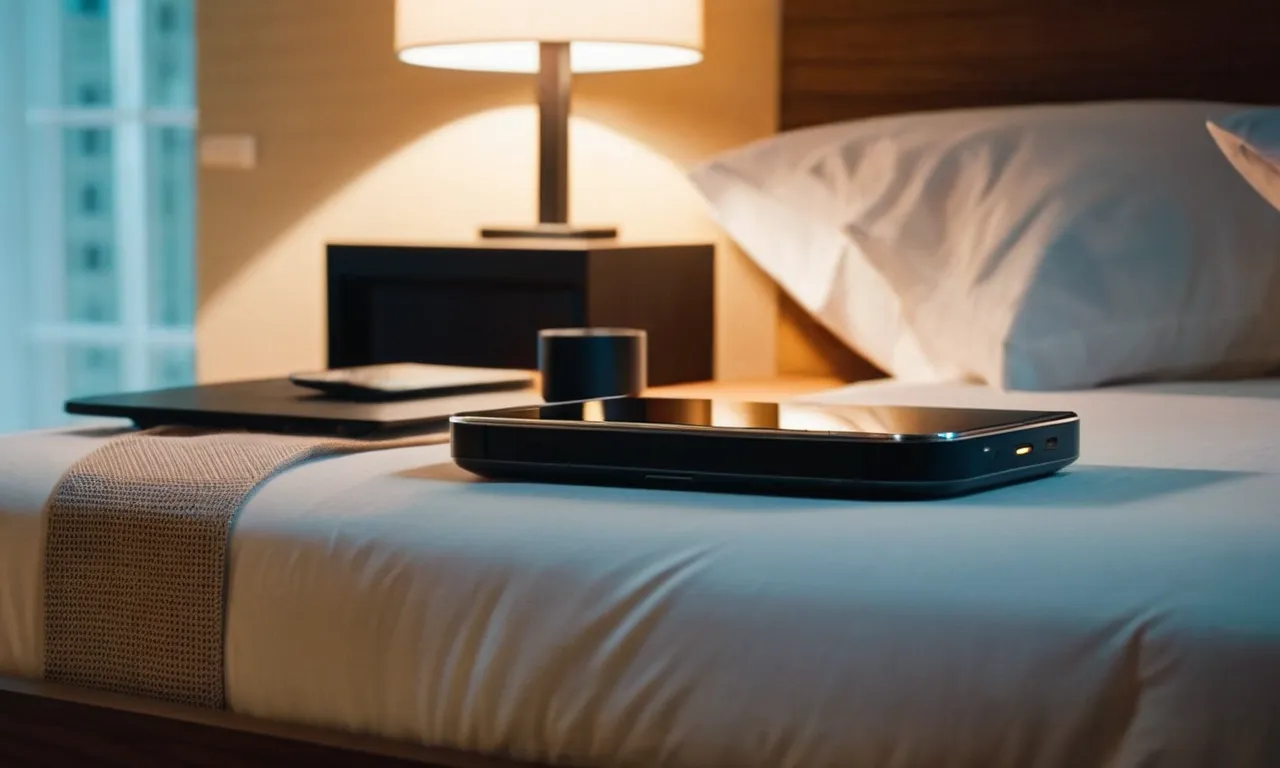 A close-up shot of a sleek, modern bedside lamp emitting a warm, soft glow. The lamp features a built-in wireless charging pad, effortlessly powering a smartphone resting on its base.