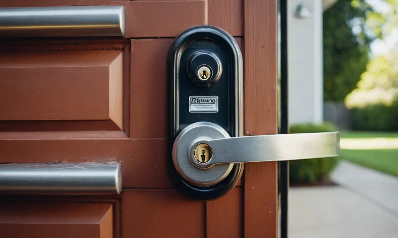 A close-up shot capturing a sturdy, heavy-duty lock attached to a garage entry door, providing maximum security and peace of mind.