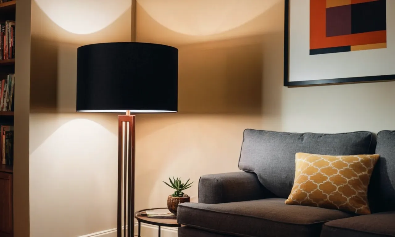 A close-up photo showcasing a sleek, slim floor lamp elegantly illuminating a cozy corner of a small living space, adding both functionality and style to the limited area.