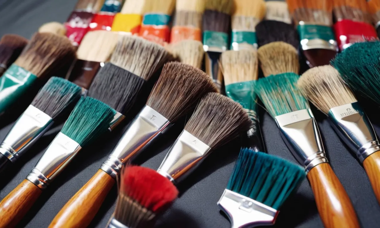 A close-up shot capturing a set of vibrant, high-quality paint brushes with soft bristles, neatly arranged on a clean canvas, ready to bring an acrylic masterpiece to life.