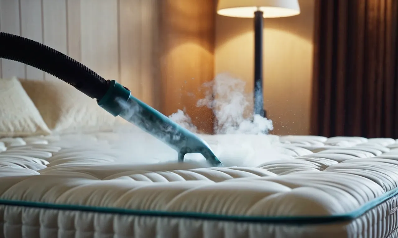 Close-up of a steam cleaner nozzle releasing a powerful jet of steam into the folds of a mattress, effectively eliminating bed bugs and their eggs.