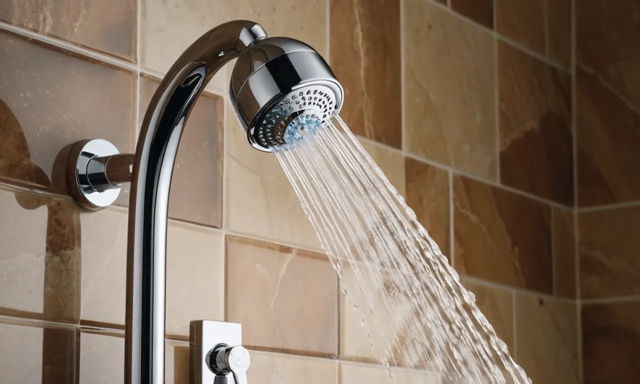 A close-up shot of a sleek, chrome high pressure shower head attached to a flexible hose, exuding a powerful stream of water, capturing the essence of a luxurious and invigorating shower experience.