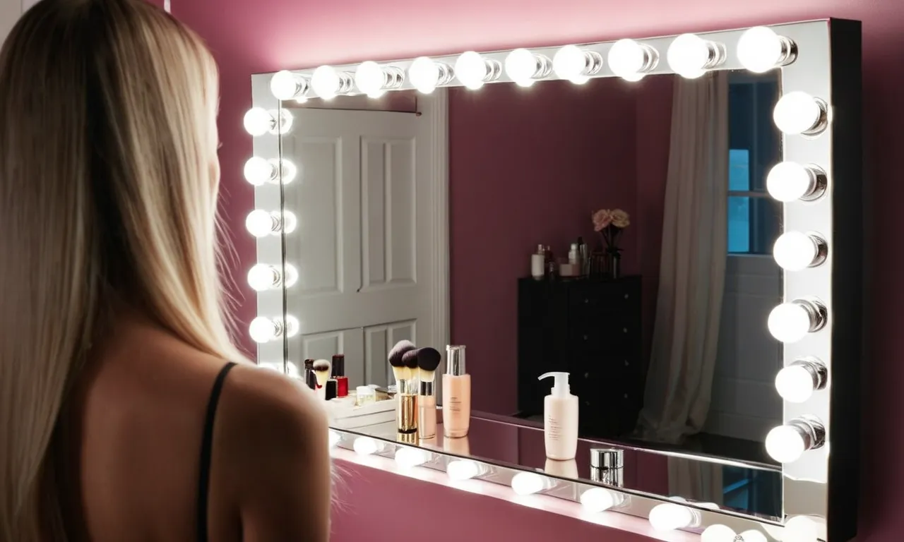A close-up shot of a sleek, wall-mounted makeup mirror with built-in LED lights, illuminating a reflection of a flawless face, creating the perfect ambiance for flawless makeup application.