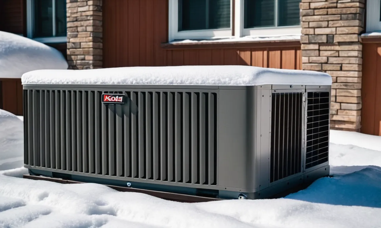 A close-up photo showcasing a durable and weather-resistant air conditioner cover for winter, snugly fitted over the unit, protecting it from snow and frost, ensuring optimal performance and longevity.