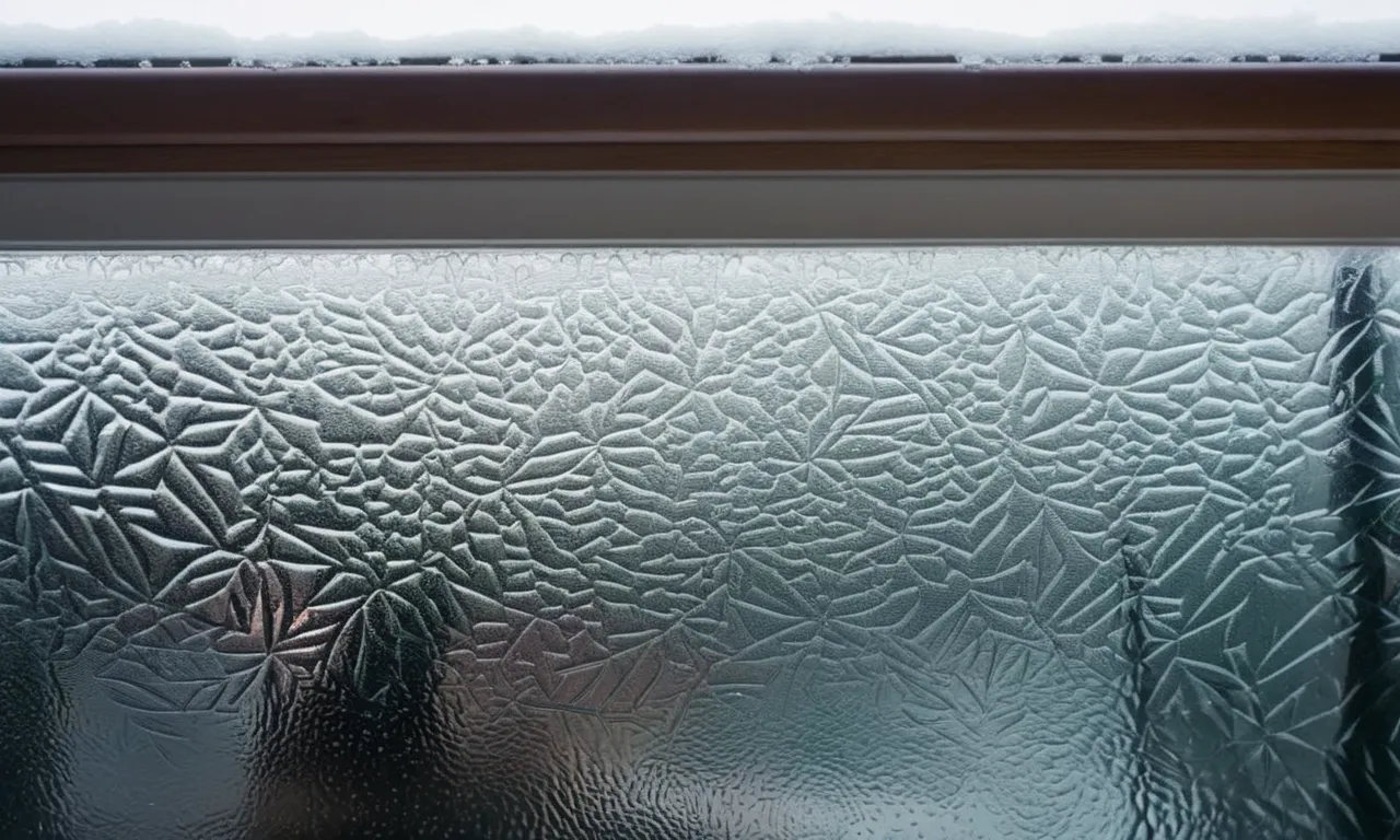 A close-up shot of a frost-covered window pane, showcasing a layer of transparent plastic film neatly applied to insulate against the wintry cold.