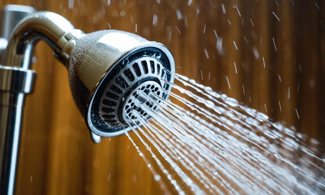 A close-up shot of a handheld shower head glistening with water droplets, demonstrating its powerful spray pattern despite low water pressure.
