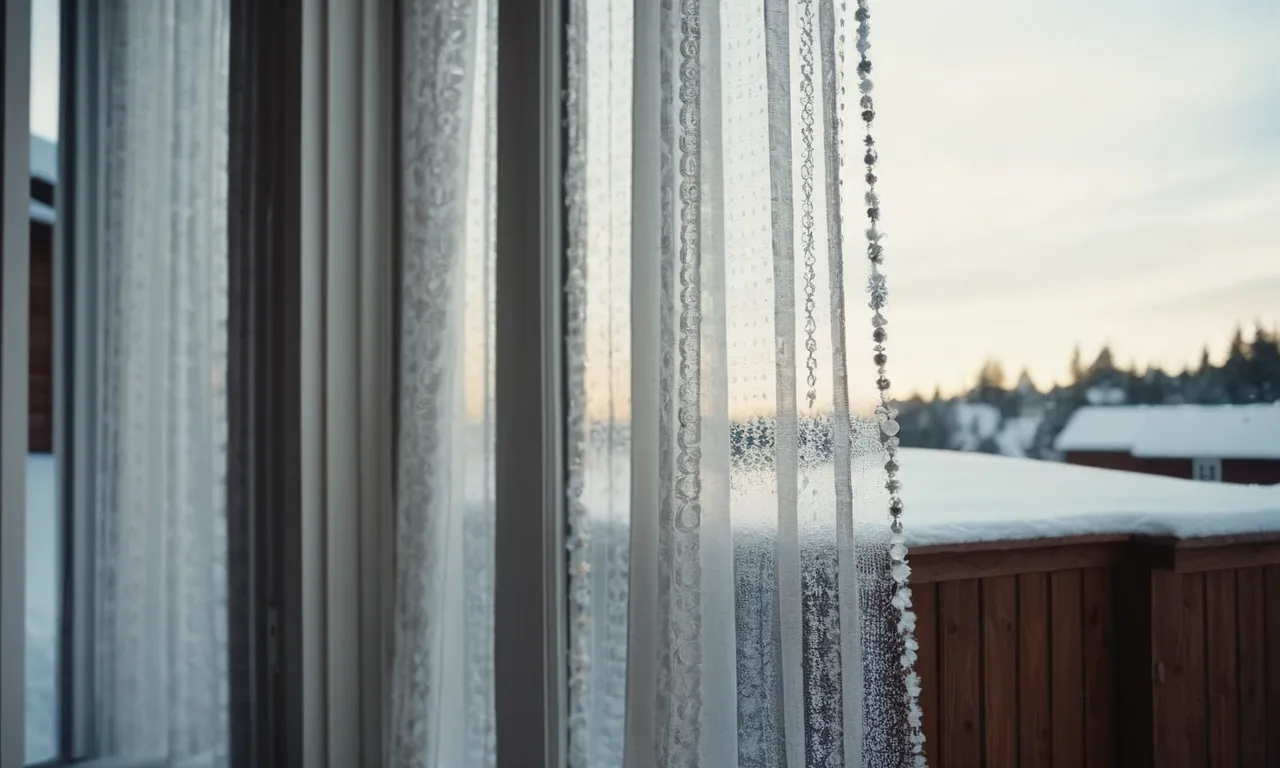 A close-up shot capturing a thick, insulating curtain drawn tightly over a frost-covered window, effectively blocking out the cold winter air and preserving a warm and cozy interior.
