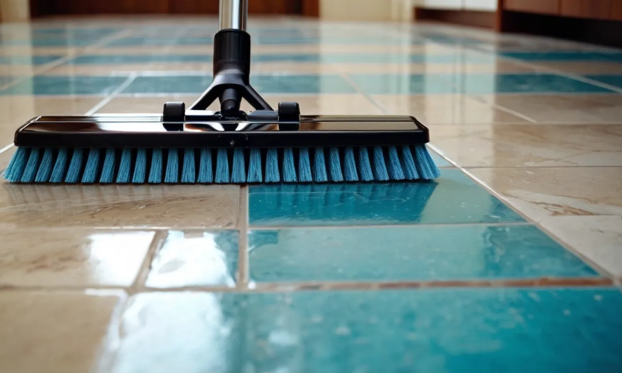 A close-up shot capturing a shiny ceramic tile floor being effortlessly cleaned by a high-quality mop, showcasing its effectiveness in removing dirt and leaving a pristine surface.