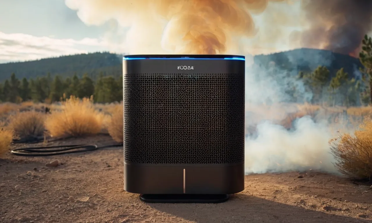 A close-up photo capturing the sleek design of a cutting-edge air purifier, surrounded by swirling smoke from a distant wildfire, symbolizing its effectiveness in combating the hazardous effects of wildfire smoke.