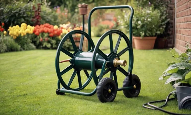 A close-up shot of a sturdy hose reel cart with robust wheels, showcasing its durability and ease of maneuverability, making it the best choice for any garden or outdoor watering needs.
