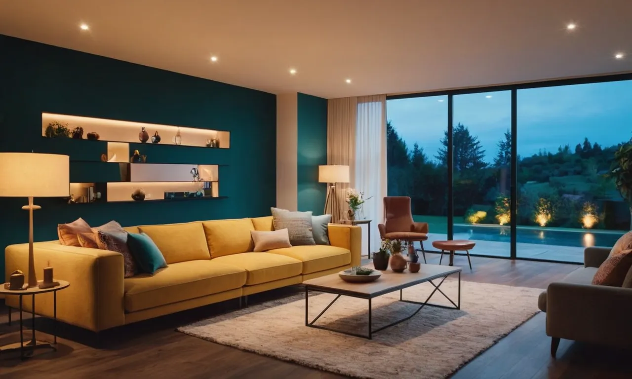 The photo captures a well-lit living room, showcasing the vibrant ambiance created by smart light bulbs controlled effortlessly through Alexa, enhancing the space with their customizable colors and dimming capabilities.
