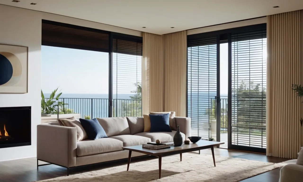 A captivating photo showcasing a modern living room with sleek sliding glass doors, adorned with elegant blinds that effortlessly filter natural light, adding a touch of sophistication to the space.