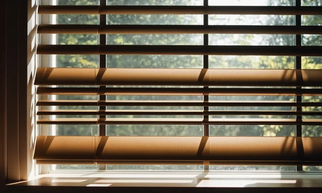 A close-up shot of a window covered with thick, insulating blinds, effectively blocking the scorching sunlight while creating a cool and shaded interior space.