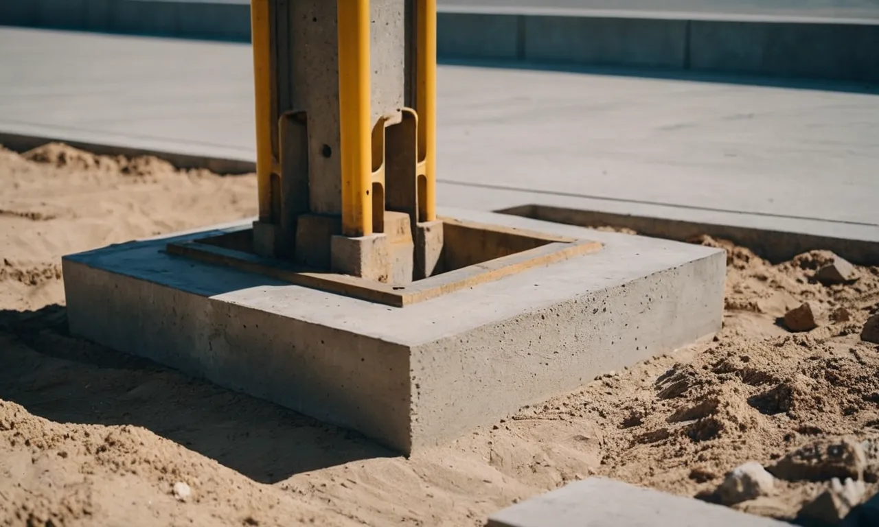 A close-up shot showcasing a sturdy 4x4 post base securely embedded in a solid concrete foundation, highlighting the reliability and durability of the structure.