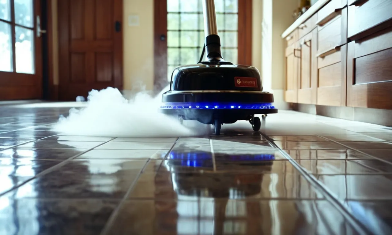 A close-up shot of a sleek steam cleaner gliding effortlessly over pristine, gleaming tile floors, leaving behind a trail of billowing steam and a sense of cleanliness and freshness.