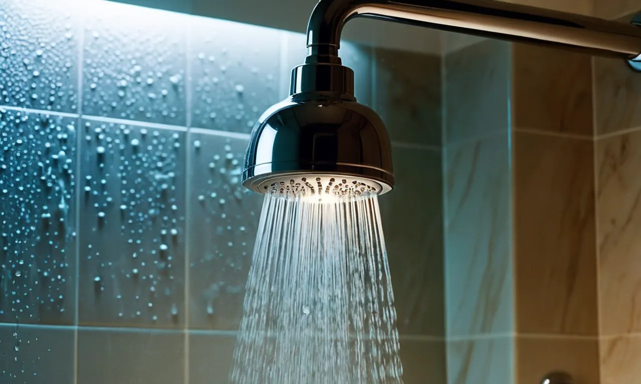 A close-up shot showcases the sleek design of a rain shower head and handheld combo, water droplets glistening under the soft glow of bathroom lighting.