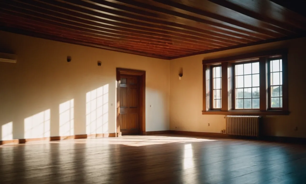 A well-lit room showcases a low sloped ceiling bathed in warm, soft light. Shadows are minimal, highlighting the architectural details and creating a cozy atmosphere.