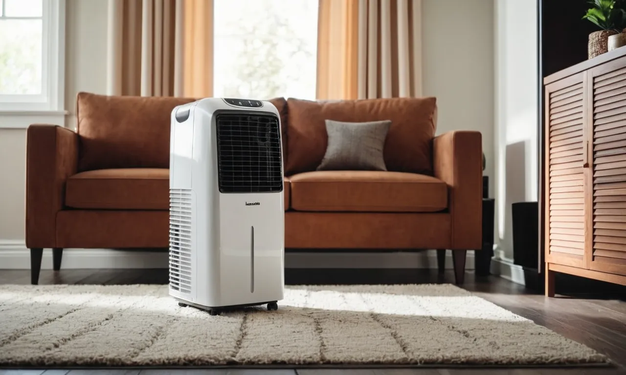 A close-up shot capturing a sleek and compact portable air conditioner and heater combo unit, positioned strategically in a well-decorated living room, providing comfort and convenience all year round.