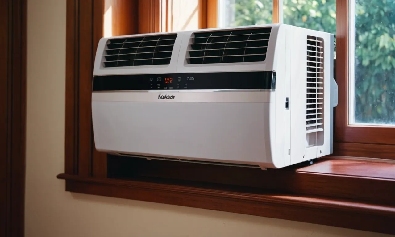 A close-up shot of a sleek, modern window air conditioner with heat, mounted perfectly on a window frame, emitting a comforting warm glow, ready to provide ultimate comfort and convenience.