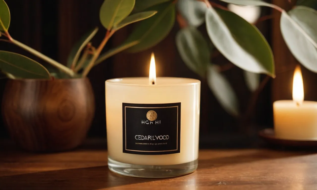 A close-up photo capturing the warm glow of a lit Eucalyptus Cedarwood candle by HHI Candles, casting delicate shadows on a wooden surface, creating a cozy ambiance.