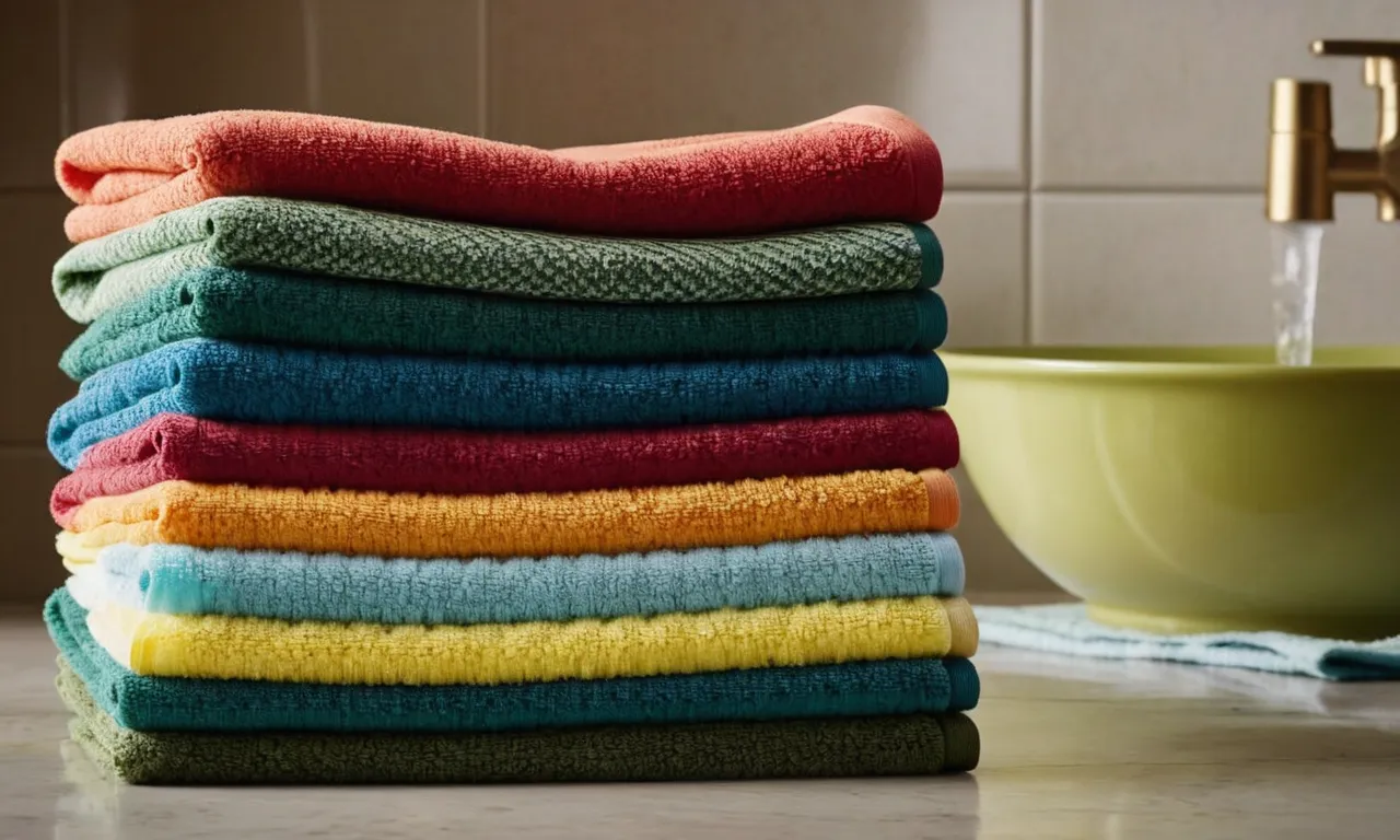 A close-up photograph showcasing a stack of colorful, absorbent dish cloths neatly folded, ready for use, conveying their superior quality and suitability for efficient dishwashing.
