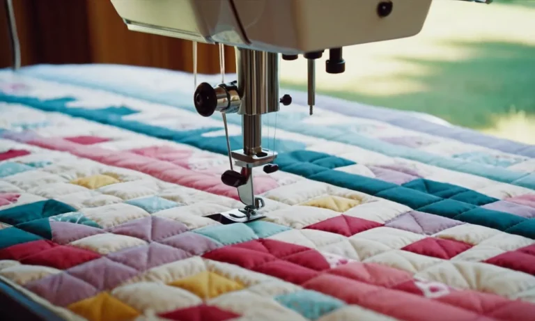 A close-up shot of a quilting sewing machine with a large throat, showcasing its spacious work area and advanced features, capturing the essence of a quilter's dream machine.